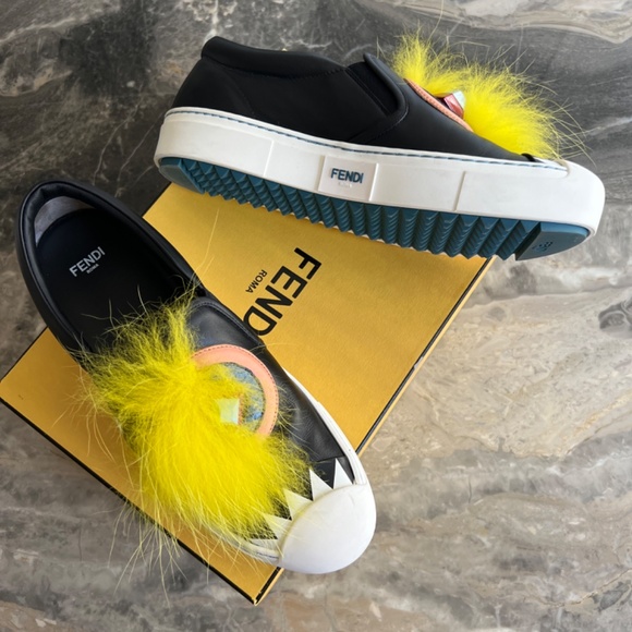 Fendi Sneaker, Bug, Black with Yellow Fur, Women size 36.5 - Picture 2 of 4